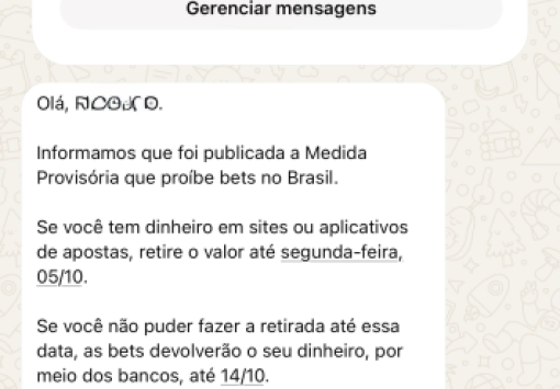 Governo Federal envia mensagens pelo WhatsApp para apostadores sobre dinheiro nas bets